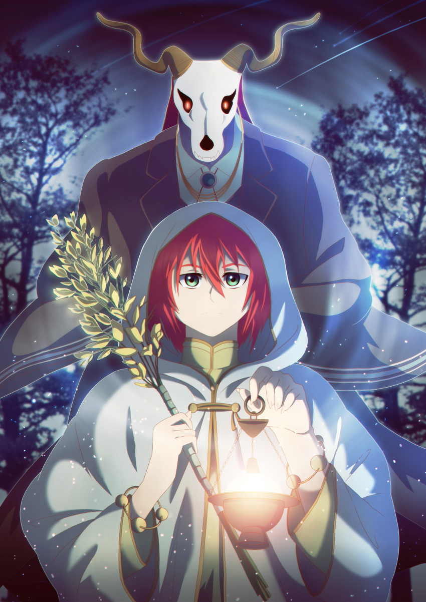 1boy 1girl absurdres animal_skull antlers behind_another bracelet brooch cape ellias_ainsworth eyebrows flower forest frown glowing glowing_eyes green_eyes hair_between_eyes hatori_chise high_collar highres hooded_robe jaokuma jewelry lamp light_particles long_sleeves looking_at_viewer mage mahou_tsukai_no_yome myouga_(plant) nature night outdoors redhead shooting_star short_hair upper_body white_robe