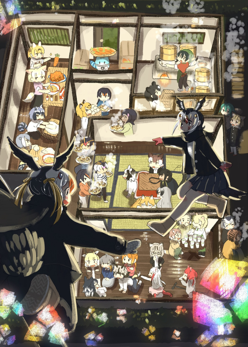 6+girls common_raccoon_(kemono_friends) cooking fennec_(kemono_friends) food from_above highres house kaban_(kemono_friends) kemono_friends kotatsu multiple_girls serval_(kemono_friends) steam table tatami tufted_puffin_(kemono_friends) wooden_floor