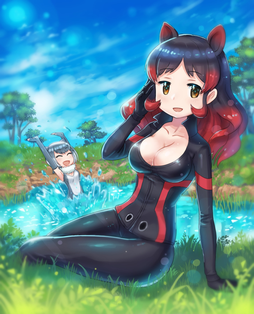 2girls :d ^_^ animal_ears armpits black_gloves black_hair black_legwear black_shirt blush breasts cleavage closed_eyes clouds collarbone day elbow_gloves extra_ears eyebrows_visible_through_hair fingerless_gloves fur_collar gloves gradient_hair grass grey_gloves grey_hair hand_in_hair highres hippopotamus_(kemono_friends) hippopotamus_ears kemono_friends long_hair looking_at_viewer medium_breasts multicolored_hair multiple_girls open_mouth otter_ears outdoors partially_submerged pond redhead roozin shirt sitting sitting_on_ground sky sleeveless small-clawed_otter_(kemono_friends) small_breasts smile splashing tree yellow_eyes