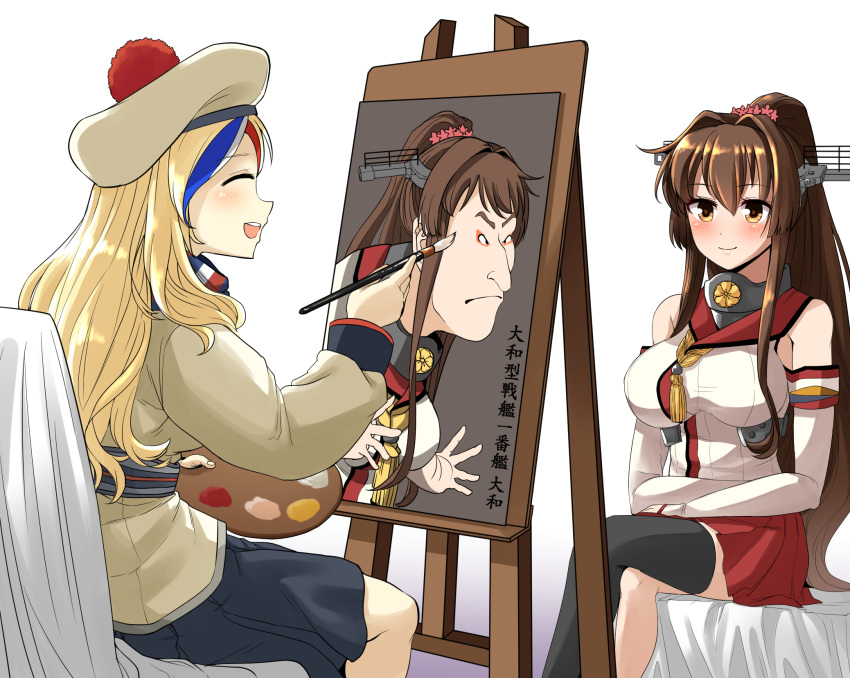 2girls beret black_skirt blonde_hair blue_hair brown_eyes brown_hair cherry_blossoms closed_eyes commandant_teste_(kantai_collection) detached_sleeves easel fine_art_parody flower hair_flower hair_ornament hat headgear highres kantai_collection legs_crossed long_hair multicolored multicolored_clothes multicolored_hair multicolored_scarf multiple_girls nihonga oriental_umbrella painting painting_(object) palette parody pleated_skirt pom_pom_(clothes) ponytail red_skirt redhead scarf single_thighhigh sitting skirt streaked_hair style_parody thigh-highs ukiyo-e umbrella white_hair yamato_(kantai_collection) yong-gok you're_doing_it_wrong