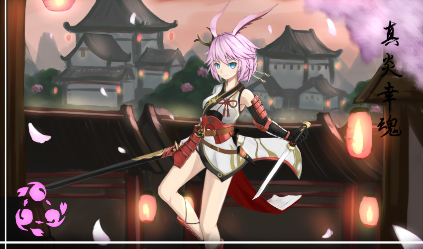 1girl animal_ears bare_shoulders benghuai_xueyuan blue_eyes blush breasts cherry_blossoms closed_mouth dual_wielding eyebrows_visible_through_hair fenistia highres holding holding_sword holding_weapon honkai_impact looking_at_viewer medium_breasts pink_hair rabbit_ears sheath sheathed short_hair smile solo standing sword weapon yae_sakura_(benghuai_xueyuan)