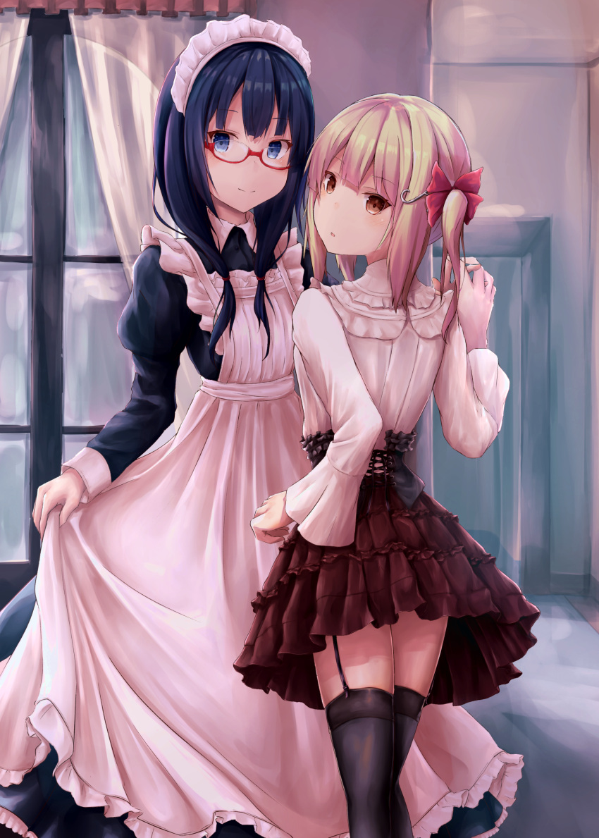 2girls absurdres apron black_hair black_legwear blonde_hair blue_eyes blush bow brown_eyes closed_mouth copyright_request eyebrows_visible_through_hair garter_straps hair_bow highres long_hair maid maid_apron misaki_miso multiple_girls parted_lips red_bow short_twintails smile solo thigh-highs twintails