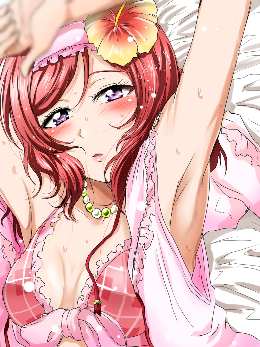 1girl absurdres armpits arms_up blush breasts cleavage collarbone flower frilled_bikini_top from_above hair_flower hair_ornament hairband hibiscus highres jewelry long_hair looking_at_viewer love_live! love_live!_school_idol_project lying necklace nishikino_maki on_back open_mouth pink_bikini_top pink_hairband redhead shogo_(4274732) small_breasts solo upper_body violet_eyes wet