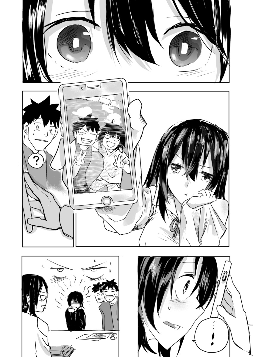 ! 1boy 2girls ? araido_kagiri cellphone chin_rest comic glaring highres multiple_girls original phone photo_(object) pout silent_comic smartphone surprised sweatdrop tongue tongue_out wide-eyed younger