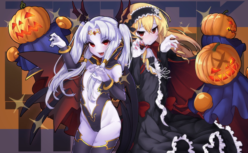 &gt;:d 2girls :/ :d bangs black_cape black_dress black_legwear blonde_hair blush cape character_request claw_pose closed_mouth curly_hair detached_sleeves dress eden_(sennen_sensou_aigis) eyebrows_visible_through_hair fang fingernails flat_chest groin hair_between_eyes hairband halloween jack-o'-lantern lavender_hair lavender_skin lolita_hairband long_fingernails long_hair looking_at_viewer monster multiple_girls navel object9991 open_mouth parted_bangs pointy_ears red_eyes sennen_sensou_aigis sharp_fingernails sidelocks smile sparkle thigh-highs twintails vampire wings