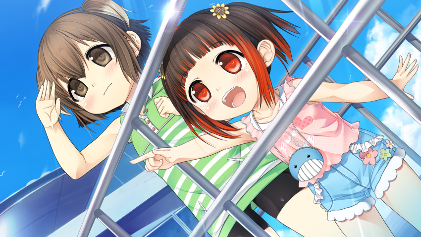 2girls :d bag bangs bike_shorts bird black_hair black_shorts blue_shorts blue_sky blush brown_hair child closed_mouth clouds collarbone collared_shirt cura day dutch_angle emi_(monobeno) eyebrows_visible_through_hair fanbox_reward flat_chest flower game_cg green_shirt hair_between_eyes hair_flower hair_ornament handbag highres monobeno multicolored_hair multiple_girls open_mouth outdoors outstretched_arm pink_shirt pointing polka_dot polka_dot_shirt red_eyes redhead ship shirt short_hair short_shorts shorts sidelocks sky sleeveless sleeveless_shirt smile standing striped striped_shirt sunflower_hair_ornament teppou_utare_tanuki two-tone_hair two_side_up watercraft whale