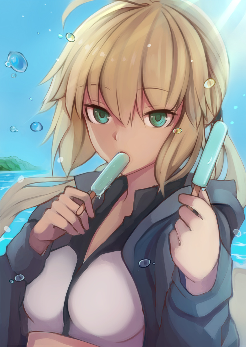 1girl ahoge artoria_pendragon_(all) artoria_pendragon_(swimsuit_archer) blonde_hair blue_sky breasts crop_top day eating eyebrows_visible_through_hair fate/grand_order fate_(series) floating_hair food green_eyes hair_between_eyes highres holding holding_food ice_cream jacket long_hair looking_at_viewer medium_breasts ocean open_clothes open_jacket outdoors ponytail saber sky solo yuzu_(masami)