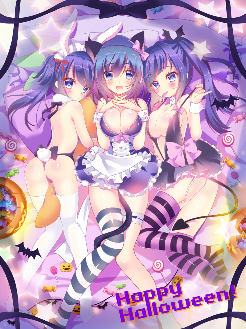 3girls :d animal_ears apron ass asymmetrical_legwear bare_back bat_hair_ornament bed_sheet black_hair blue_eyes bow breasts bunny_tail bunnysuit candy cat_ears cat_tail cleavage commentary_request demon_tail detached_collar eating fang food hair_bow hair_ornament halloween highres holding ichi_rin jack-o'-lantern lollipop long_hair looking_at_viewer lying maid_apron maid_headdress multiple_girls open_mouth original pillow rabbit_ears smile striped striped_legwear tail thigh-highs twintails wrist_cuffs
