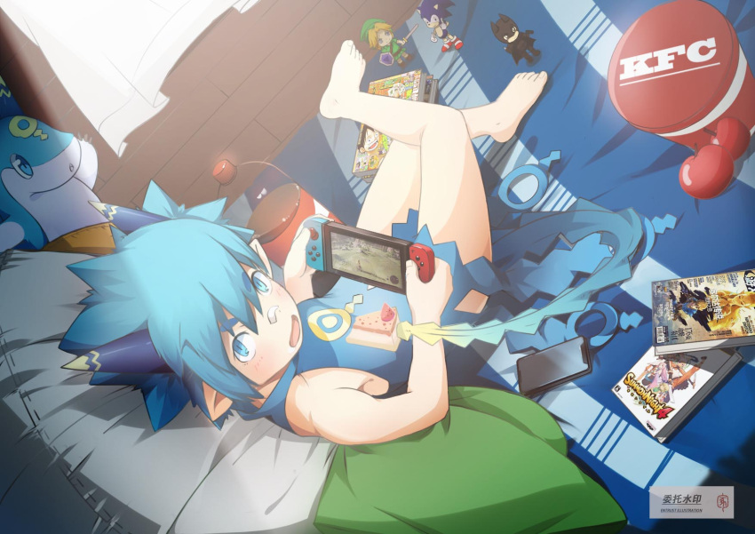 1boy :d apple barefoot batman blue_eyes blue_hair child food fruit highres horns inside kfc link lyurm male_focus nintendo_switch open_mouth pillow sitting smile soda_bottle sonic sonic_the_hedgehog summon_night summon_night_4 the_legend_of_zelda