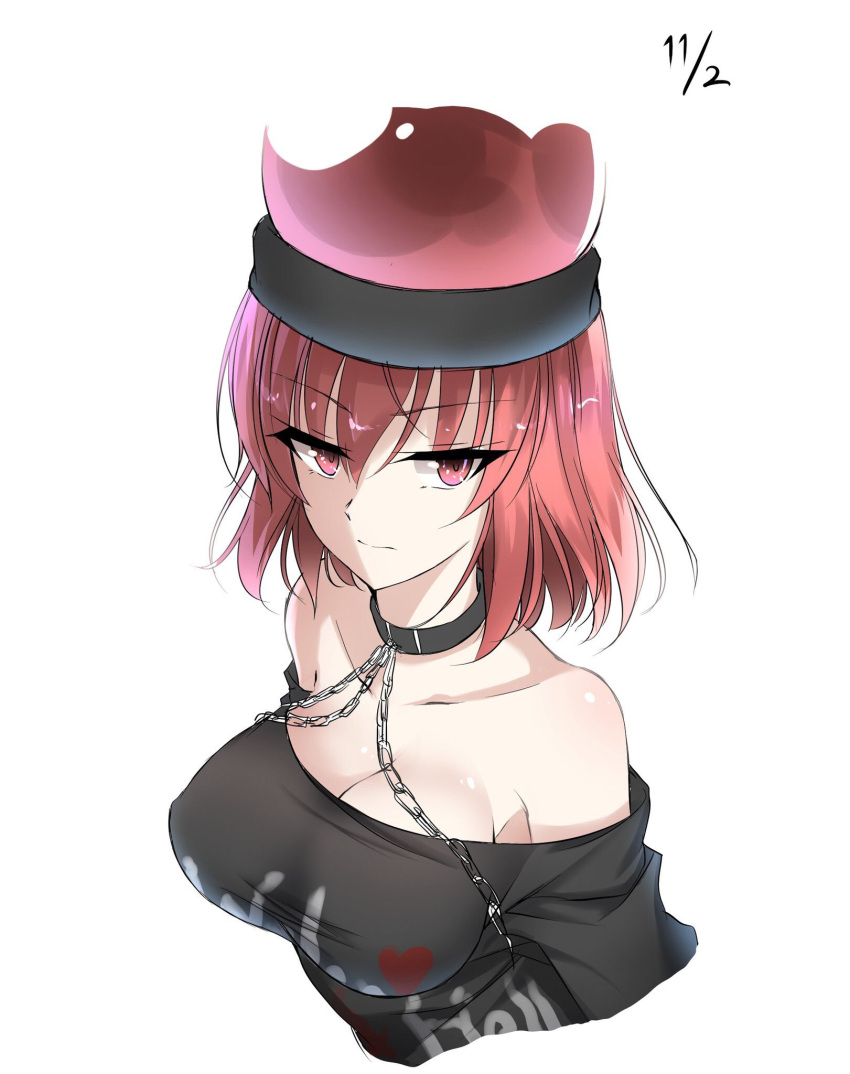 1girl bangs bare_shoulders black_shirt breasts chains cleavage closed_mouth collar dated eyebrows_visible_through_hair hair_between_eyes heart hecatia_lapislazuli highres koro_(tyunnkoro0902) looking_at_viewer medium_breasts off-shoulder_shirt polos_crown red_eyes redhead shirt short_hair simple_background solo taut_clothes taut_shirt touhou tsurime upper_body white_background