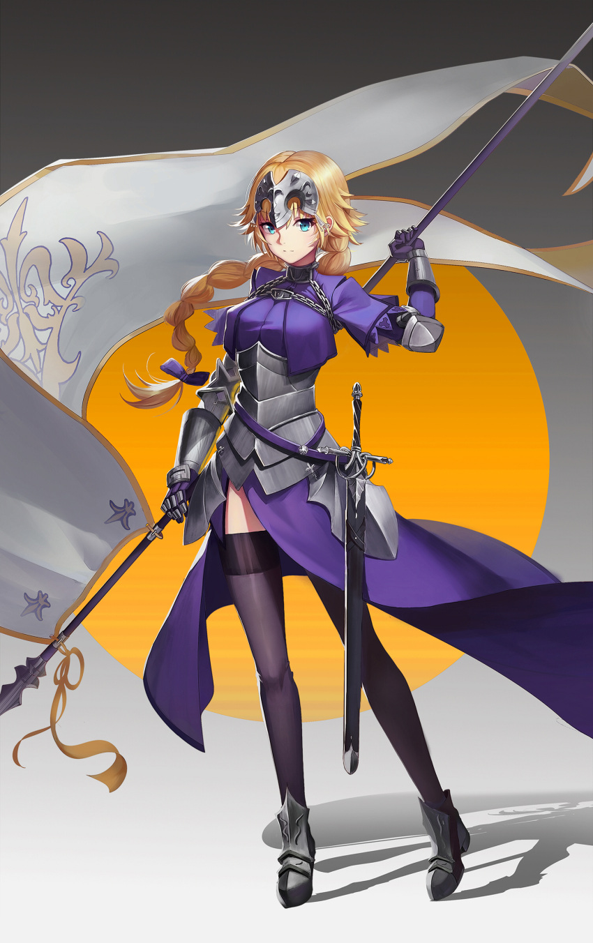 1girl armor armored_boots armored_dress black_legwear blonde_hair blue_eyes boots braid breasts fate/grand_order fate_(series) flag flagpole gauntlets hair_ribbon headpiece highres large_breasts long_braid long_hair looking_at_viewer ribbon ruler_(fate/apocrypha) scabbard sheath single_braid solo sword thigh-highs weapon zqzqy
