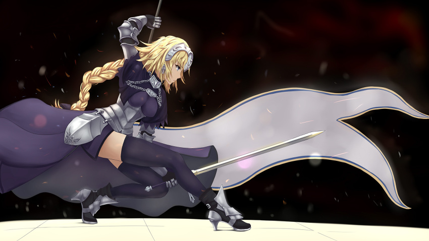 1girl arm_up armor armored_boots armored_dress banner black_background black_legwear blonde_hair blue_dress blue_eyes boots braid breasts breasts_apart dress dylannn fate/apocrypha fate_(series) from_side full_body gauntlets high_heel_boots high_heels highres holding holding_sword holding_weapon long_hair medium_breasts ponytail ruler_(fate/apocrypha) single_braid solo sword thigh-highs very_long_hair weapon