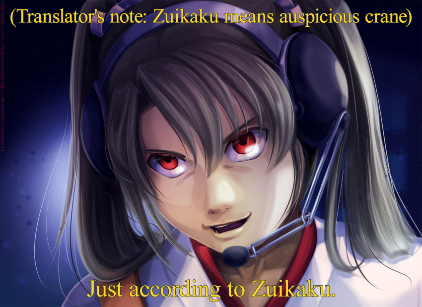 1girl death_note english evil_smile gesugao grey_hair headset highres just_as_planned kantai_collection melisaongmiqin meme open_mouth parody pun red_eyes smile subtitled teeth twintails zuikaku_(kantai_collection)
