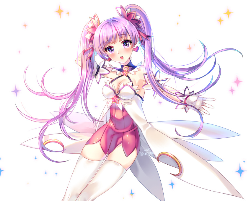 1girl :o aisha_(elsword) breasts dimension_witch_(elsword) dress earrings elsword gloves heart heart_earrings highres jewelry long_hair looking_at_viewer medium_breasts miniskirt pink_dress purple_hair shiny shiny_hair simple_background skirt solo thigh-highs twintails violet_eyes white_background white_gloves white_legwear xes_(xes_5377)