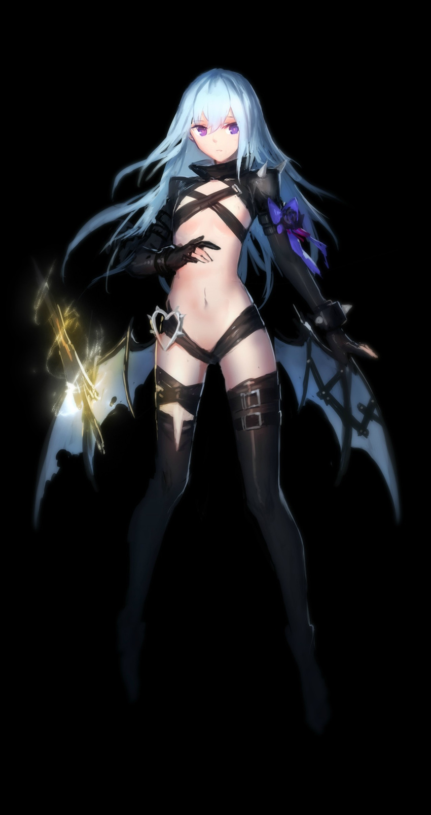 1girl absurdres asymmetrical_legwear black_background black_gloves black_legwear blue_hair bow breasts bright_pupils character_request closers elbow_gloves full_body gloves hair_between_eyes heart highres long_hair looking_at_viewer low_wings midriff navel partly_fingerless_gloves revealing_clothes short_shorts shorts simple_background small_breasts solo swd3e2 thigh-highs thigh_strap violet_eyes wings