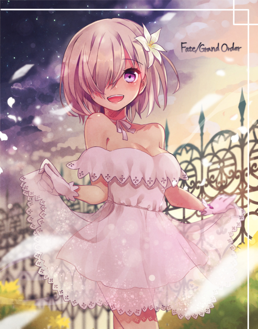 1girl :d bare_shoulders breasts choker cleavage collarbone copyright_name cowboy_shot dress eyebrows_visible_through_hair fate/grand_order fate_(series) flower gloves hair_flower hair_ornament hair_over_one_eye highres looking_at_viewer medium_breasts open_mouth poncho_(31103105) ribbon ribbon_choker see-through shielder_(fate/grand_order) short_dress short_hair silver_hair skirt_hold sleeveless sleeveless_dress smile solo standing violet_eyes white_flower white_gloves white_ribbon
