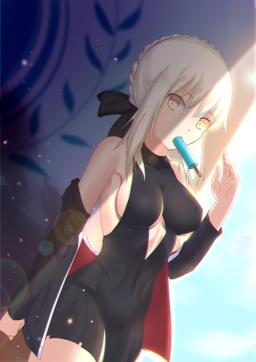 1girl absurdres adapted_costume artoria_pendragon_(swimsuit_rider_alter)_(fate) black_dress black_jacket black_ribbon breasts breasts_apart cleavage cowboy_shot cutout dress dutch_angle eyebrows_visible_through_hair food hair_between_eyes hair_ribbon highres ice_cream jacket lens_flare looking_at_viewer medium_breasts mouth_hold open_clothes open_jacket ribbon short_dress short_hair_with_long_locks sideboob silver_hair sleeveless sleeveless_dress solo standing xue_fengzi yellow_eyes