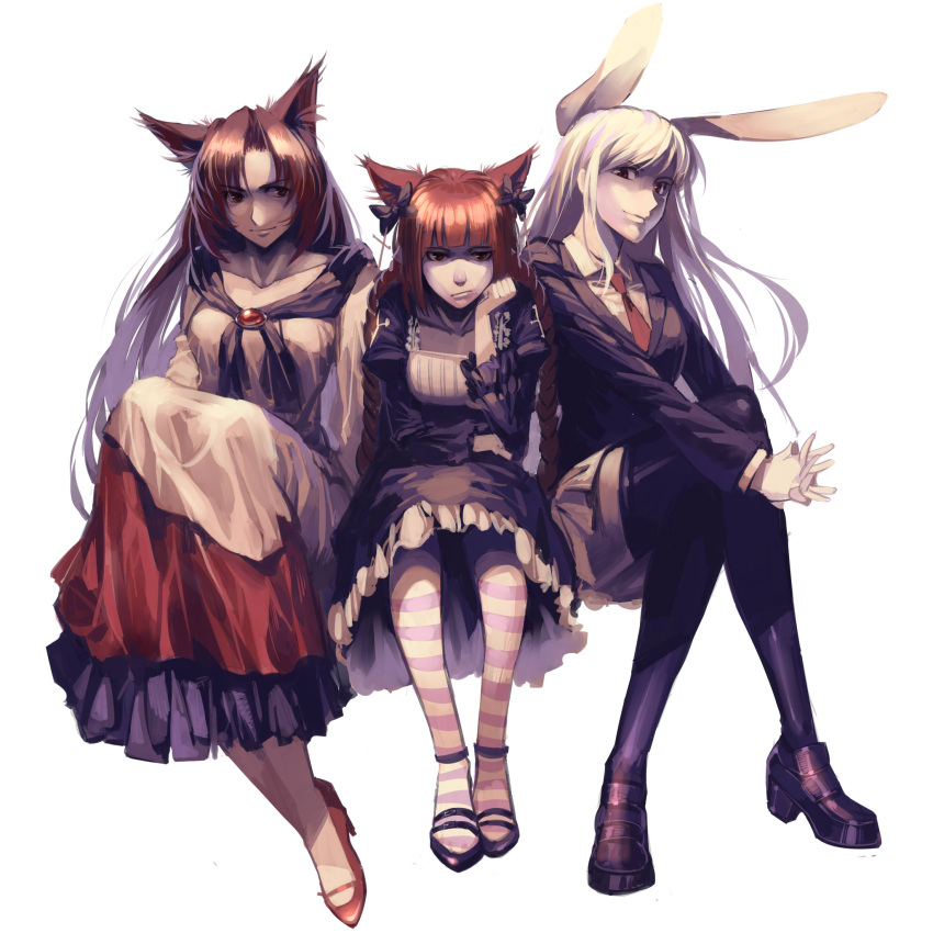 3girls animal_ears arm_support black_dress black_legwear braid brooch brown_eyes brown_hair cat_ears closed_mouth collarbone dress extra_ears hair_ribbon high_heels highres imaizumi_kagerou interlocked_fingers jacket jewelry juliet_sleeves kaenbyou_rin long_hair long_sleeves looking_at_viewer multiple_girls necktie pantyhose puffy_sleeves rabbit_ears red_eyes redhead reisen_udongein_inaba revision ribbon ruukii_drift shaded_face shirt silver_hair simple_background sitting skirt smile striped striped_legwear tail thigh-highs touhou twin_braids underbust v_arms very_long_hair white_background wide_sleeves wolf_ears zettai_ryouiki