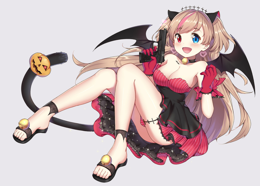 1girl aly_(wei983999767) animal_ears bangs bare_shoulders bat bat_wings bell bell_collar black_dress blue_eyes blush breasts brown_hair cat_ears cat_tail cleavage collar collarbone dress earrings eyebrows_visible_through_hair finger_on_trigger full_body girls_frontline gloves grey_background halloween hands_up heart heart_earrings heterochromia highres jack-o'-lantern jewelry jingle_bell knees_together_feet_apart large_breasts long_hair looking_at_viewer mk_23_(girls_frontline) multicolored_hair open_mouth pink_hair red_eyes red_gloves sandals simple_background smile solo streaked_hair swept_bangs tail tareme tattoo thighs two_side_up wings