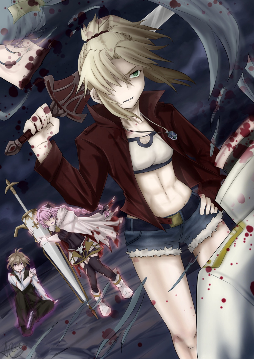 2boys 2girls ahoge alec_(artist) arm_up armor armored_dress bangs belt black_legwear black_pants black_ribbon black_skirt blonde_hair blood blood_splatter blood_stain bloody_clothes bloody_hands blue_shorts boots bra braid breasts brown_hair cape celenike_icecolle_yggdmillennia clarent cleavage cloak commentary fate/apocrypha fate/grand_order fate_(series) garter_straps gauntlets green_eyes hair_ornament hair_ribbon hand_on_hip hand_on_shoulder high_ponytail highres holding holding_sword holding_weapon injury jacket jewelry lance long_braid long_hair long_pants long_sleeves male_focus midriff multicolored_hair multiple_boys multiple_girls navel necklace one_eye_closed open_clothes open_jacket over_shoulder pants pantyhose pink_eyes pink_hair polearm red_eyes red_jacket ribbon rider_of_black saber_of_red scrunchie shirt shoes short_hair short_shorts shorts sieg_(fate/apocrypha) single_braid sitting skirt small_breasts stomach sword sword_behind_back sword_over_shoulder thigh-highs thighhighs_under_boots torn_clothes torn_shorts trap two-tone_hair underwear waistcoat weapon weapon_over_shoulder white_bra white_footwear white_shirt