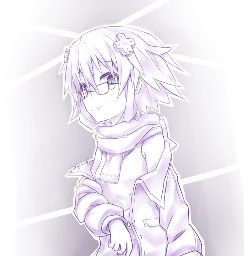 1girl bespectacled cyan_aeolin d-pad glasses hair_ornament highres looking_at_viewer monochrome neptune_(choujigen_game_neptune) neptune_(series) scarf smile solo