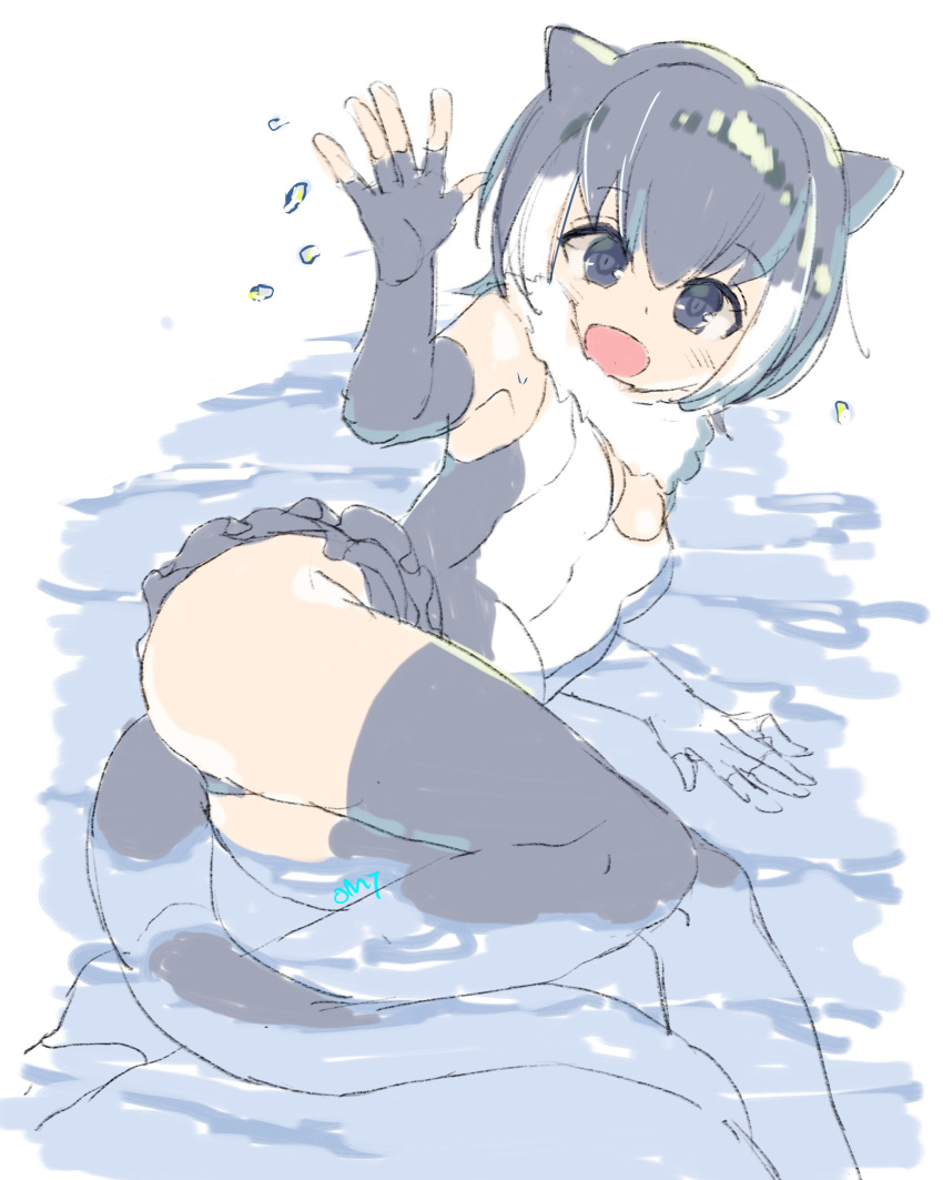 1girl absurdres breasts cleavage elbow_gloves fingerless_gloves fur_collar gloves grey_hair grey_legwear highres kemono_friends looking_at_viewer multicolored_hair omucchan_(omutyuan) open_mouth otter_ears otter_tail partially_submerged short_hair sketch small-clawed_otter_(kemono_friends) solo tail thigh-highs two-tone_hair white_hair