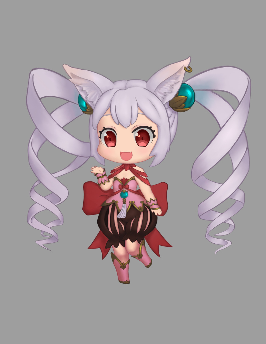 1girl absurdres animal_ears bare_shoulders cat_ears chibi drill_hair eyebrows full_body grey_hair highres long_hair looking_at_viewer open_mouth original red_eyes smile solo twin_drills twintails xian_yu_zhanshi
