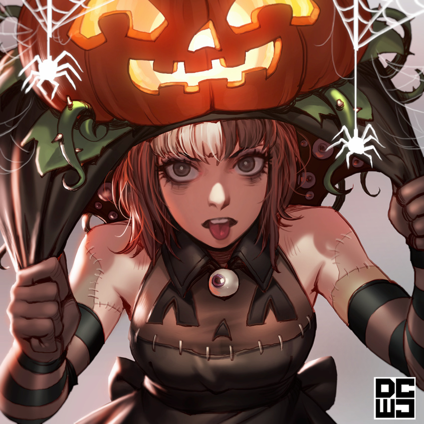 1girl :p black_eyes blonde_hair dcwj elbow_gloves gloves halloween halloween_costume hat highres jack-o'-lantern looking_at_viewer original short_hair simple_background solo spider stitches tongue tongue_out upper_body