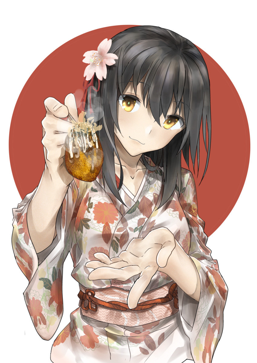 1girl :3 araido_kagiri black_hair closed_mouth eyebrows_visible_through_hair floral_print flower food food_request hair_between_eyes hair_flower hair_ornament head_tilt highres holding holding_food japanese_clothes kimono long_hair long_sleeves looking_at_viewer obi original sash smile solo upper_body yellow_eyes