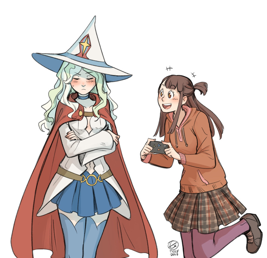 2girls blush cape closed_eyes diana_cavendish excited hat highres kagari_atsuko little_witch_academia multiple_girls navel navel_cutout ticcy witch_hat