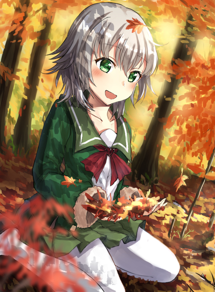 1girl :d fur_trim green_eyes green_jacket green_skirt hadron9 hair_between_eyes highres jacket kantai_collection leaf long_sleeves maple_leaf open_mouth pantyhose pleated_skirt red_ribbon ribbon shimushu_(kantai_collection) short_hair silver_hair skirt smile solo white_legwear