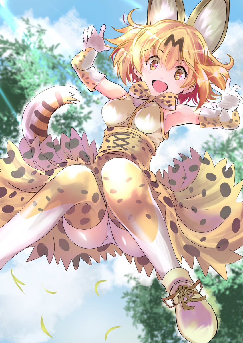 1girl :d animal_ears armpits arms_up blonde_hair bow bowtie clouds day elbow_gloves extra_ears eyebrows_visible_through_hair from_below gloves hair_between_eyes high-waist_skirt highres impossible_clothes impossible_shirt jumping kemono_friends looking_at_viewer multicolored multicolored_clothes multicolored_gloves ogata_tei open_mouth outdoors panties pantyshot pantyshot_(jumping) print_gloves print_legwear print_neckwear print_skirt serval_(kemono_friends) serval_ears serval_print serval_tail shirt skirt sky sleeveless smile solo sunlight tail thigh-highs underwear white_gloves white_legwear white_panties yellow_eyes yellow_gloves yellow_legwear yellow_neckwear yellow_skirt