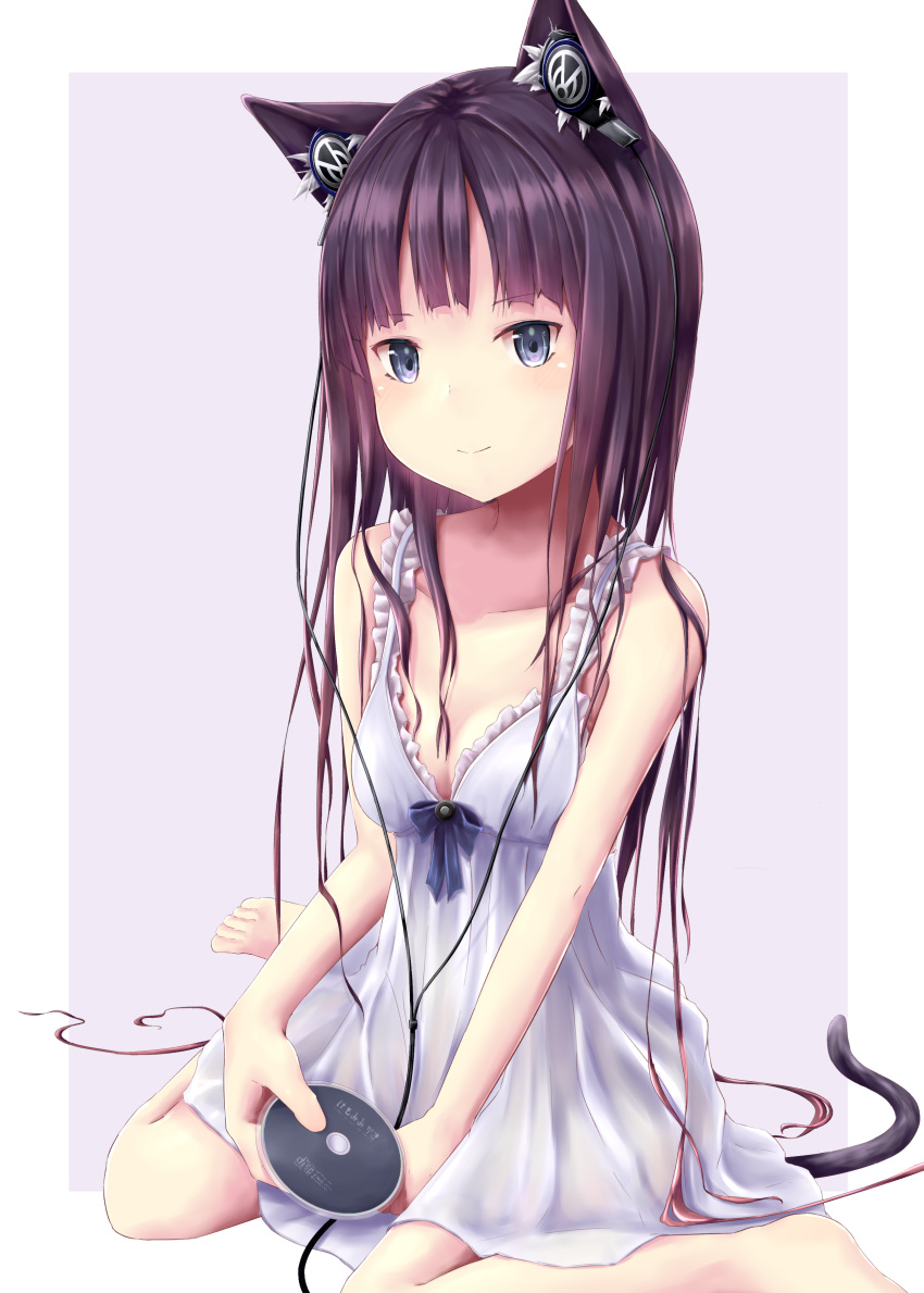 1girl absurdres animal_ears barefoot blush breasts brown_hair cat_ears cat_tail cd cleavage closed_mouth collarbone earphones earphones eyebrows_visible_through_hair grey_eyes highres looking_at_viewer medium_breasts misaki_miso original sitting smile solo tail wariza
