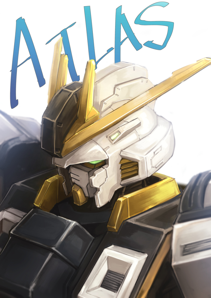 atlas_gundam character_name deadspike_nine glowing glowing_eyes green_eyes gundam gundam_thunderbolt highres mecha no_humans solo white_background