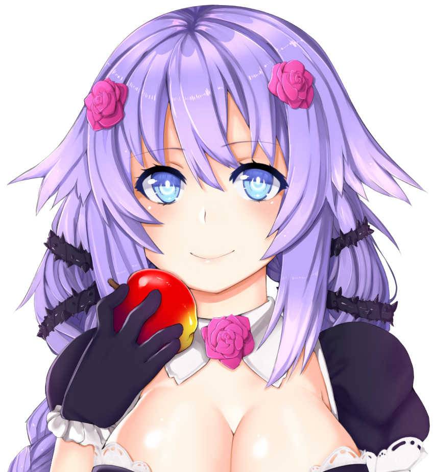 1girl apple bangs blue_eyes blue_hair blush breasts bright_pupils choujigen_game_neptune cleavage close-up closed_mouth cosplay detached_collar eyebrows_visible_through_hair face food fruit gloves hair_between_eyes highres holding holding_fruit katerina_(rondo_duo) katerina_(rondo_duo)_(cosplay) large_breasts long_hair looking_at_viewer neptune_(series) otxoa60 puffy_short_sleeves puffy_sleeves purple_gloves purple_heart rondo_duo short_sleeves smile solo