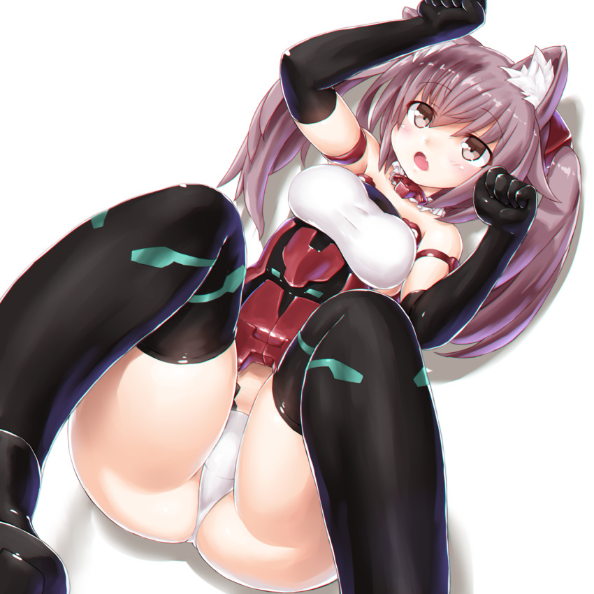 1girl animal_ears ass bangs bare_shoulders black_gloves black_legwear blush breasts cat_ears dd_(ijigendd) detached_collar elbow_gloves eyebrows_visible_through_hair fang frame_arms_girl gloves headgear highres innocentia long_hair looking_at_viewer lying mecha_musume medium_breasts on_back open_mouth panties paw_pose shiny shiny_hair shiny_skin simple_background small_breasts solo thigh-highs twintails underwear white_background white_panties