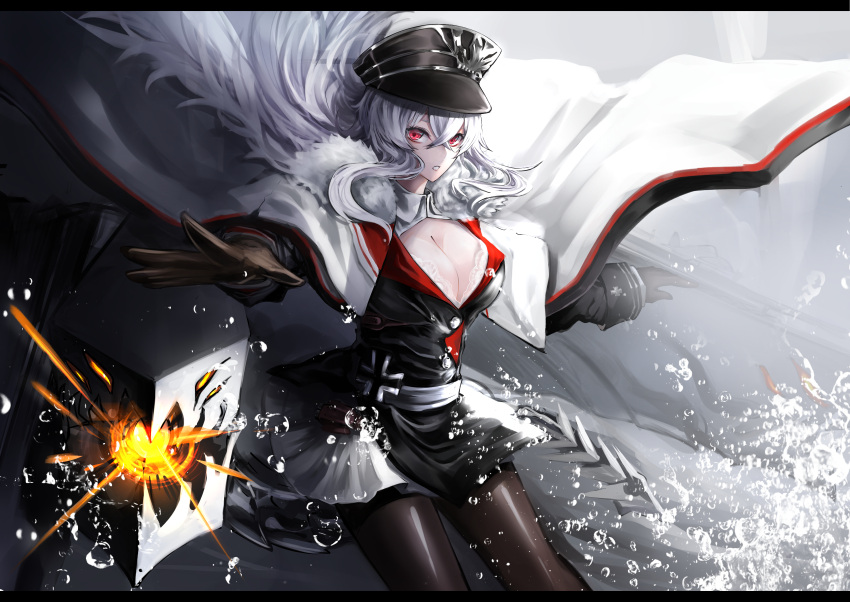 1girl absurdres azur_lane black_gloves black_legwear breasts cape cleavage commentary_request gloves graf_zeppelin_(azur_lane) hat highres ichinose_rom long_hair looking_at_viewer machinery outstretched_arms pantyhose parted_lips peaked_cap red_eyes solo spread_arms white_hair wind