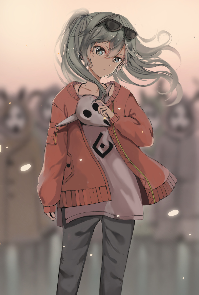 1girl black-framed_eyewear cardigan earrings eyewear_on_head floating_hair grey_eyes grey_hair grey_pants grey_shirt hair_between_eyes hatsune_miku head_tilt highres holding jewelry long_hair looking_at_viewer open_cardigan open_clothes outdoors pants parted_lips red_sweater shirt solo standing suna_no_wakusei_(vocaloid) sunglasses twintails vocaloid z_z