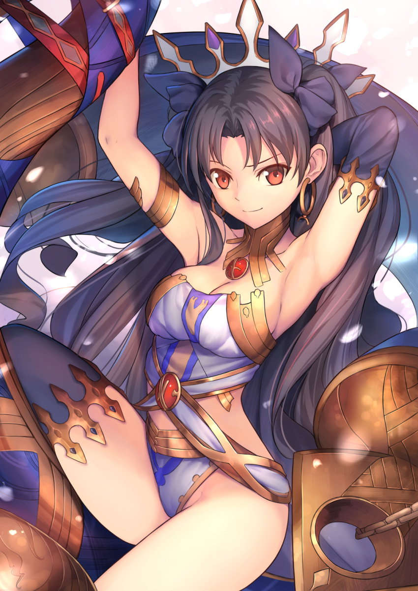 1girl armpits arms_up bare_shoulders black_hair blurry breasts cleavage commentary_request earrings fate/grand_order fate_(series) heavenly_boat_maanna highres hoop_earrings ishtar_(fate/grand_order) jewelry long_hair looking_at_viewer medium_breasts red_eyes revision single_thighhigh smile solo thigh-highs tohsaka_rin tsuki_suigetsu two_side_up
