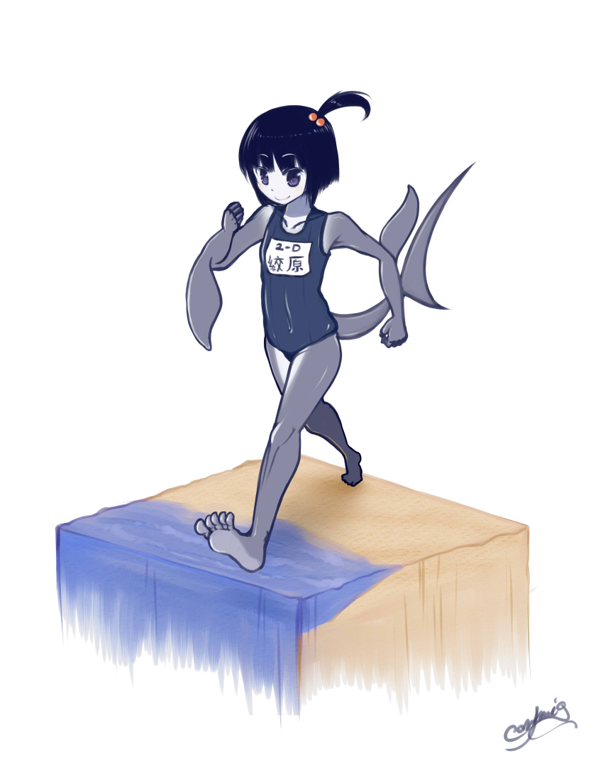 1girl absurdres bare_arms bare_legs bare_shoulders barefoot black_hair blue_swimsuit blush bob_cut closed_mouth collarbone commentary_request eyebrows_visible_through_hair faux_figurine fins full_body grey_skin hair_bobbles hair_ornament highres konzu_mei monster_girl name_tag one-piece_swimsuit one_side_up original school_swimsuit shark_fin shark_girl shark_tail short_hair signature simple_background smile soles solo swimsuit translation_request violet_eyes walking white_background