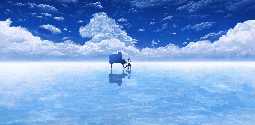 1girl absurdres akky_(akimi1127) black_hair black_skirt clouds cloudy_sky day highres instrument lake long_hair music original outdoors piano playing_instrument playing_piano revision salar_de_uyuni scenery sitting skirt sky