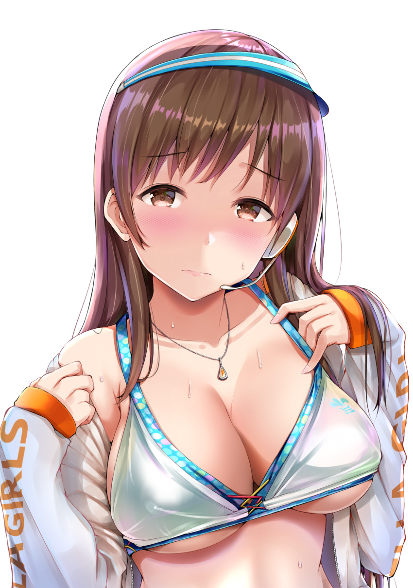 1girl bangs bikini_top blush breasts brown_eyes brown_hair cleavage closed_mouth collarbone eyebrows_visible_through_hair fay frown headset highres idolmaster idolmaster_cinderella_girls jacket jewelry large_breasts lips long_hair looking_at_viewer necklace nitta_minami off_shoulder open_clothes open_jacket pendant sidelocks simple_background sleeves_past_wrists solo upper_body visor_cap white_background white_bikini_top