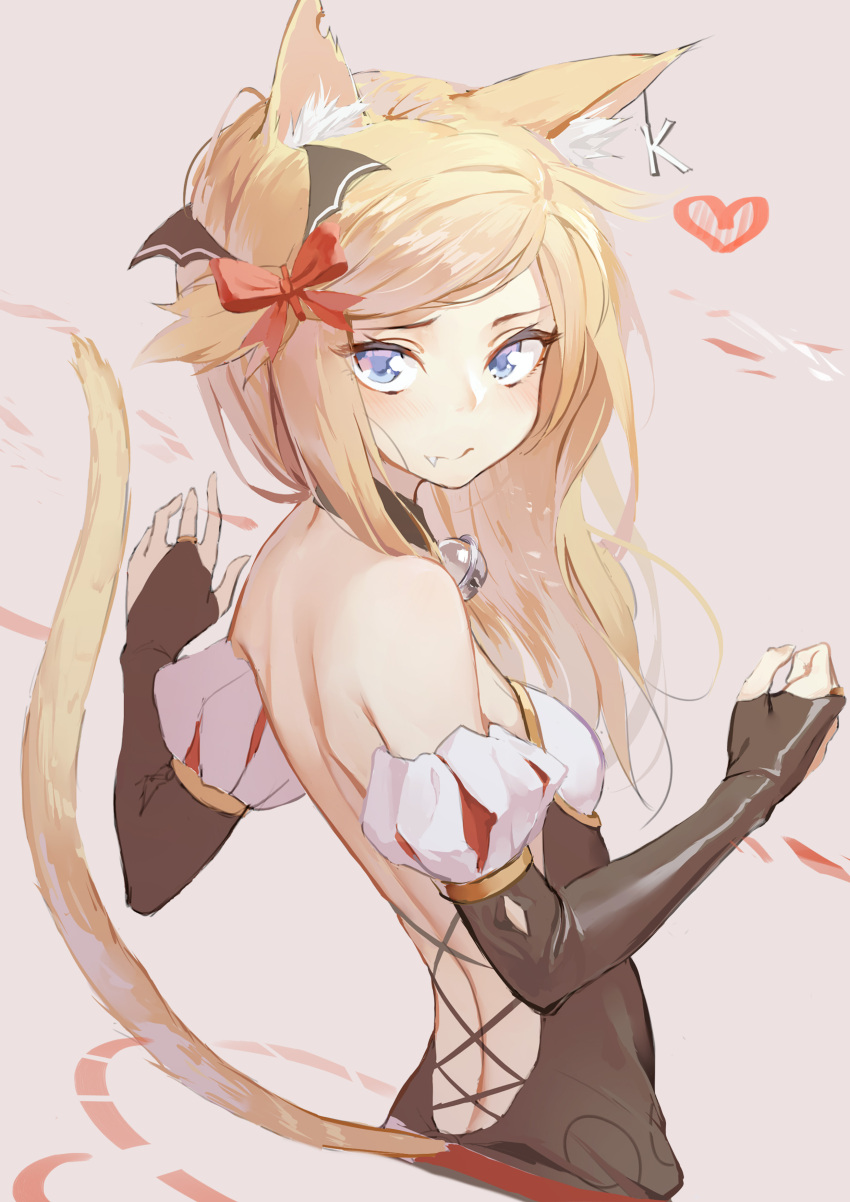 1girl 3: absurdres animal_ears bare_shoulders beige_background bell bell_collar black_gloves blonde_hair blue_eyes blush breasts cat_ears cat_tail closed_mouth collar commentary_request elbow_gloves fang fang_out from_side gloves halloween heart highres jingle_bell kentllaall long_hair looking_at_viewer looking_back original sidelocks simple_background small_breasts solo tail tsurime upper_body