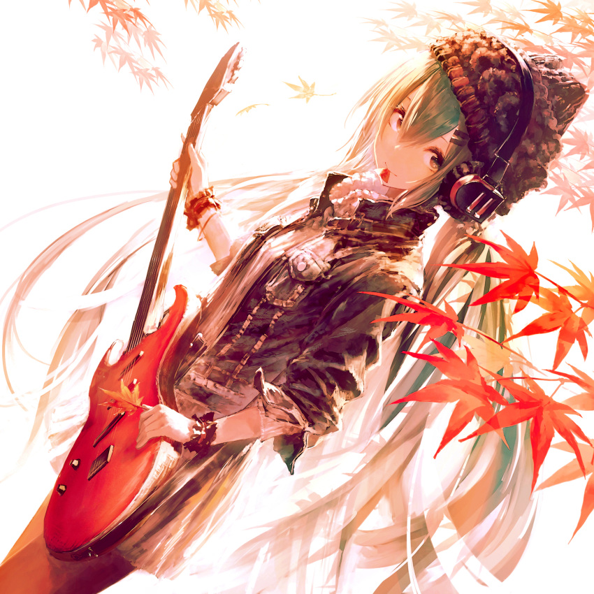 1girl autumn_leaves bangs black_legwear closed_mouth dutch_angle electric_guitar garuku green_hair guitar hair_between_eyes hair_ornament hairclip hatsune_miku headphones highres holding holding_instrument instrument jacket leaf long_hair looking_at_viewer maple_leaf mouth_hold open_clothes open_jacket outdoors pantyhose pleated_skirt plectrum skirt solo twintails very_long_hair vocaloid