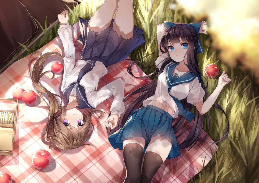 2girls absurdres apple arm_up bangs basket black_hair black_legwear blue_bow blue_eyes blue_skirt bow brown_hair closed_mouth collarbone day de_da_xianyu eyebrows_visible_through_hair food fruit grass hair_bow hand_up highres legs_together long_hair long_sleeves looking_at_viewer lying multiple_girls navel on_back original outdoors picnic picnic_basket plaid pleated_skirt ponytail rotational_symmetry sandwich school_uniform serafuku short_sleeves skirt smile thigh-highs thighs very_long_hair violet_eyes