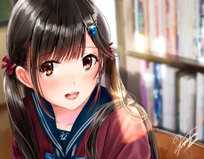 1girl :d bangs black_hair blurry blush book bookshelf brown_eyes brown_hair commentary_request depth_of_field gem hair_ornament hair_ribbon hairclip kazuharu_kina lips long_hair looking_at_viewer open_mouth original red_ribbon ribbon round_teeth school_uniform serafuku shiny shiny_hair signature smile solo tareme teeth twintails upper_body