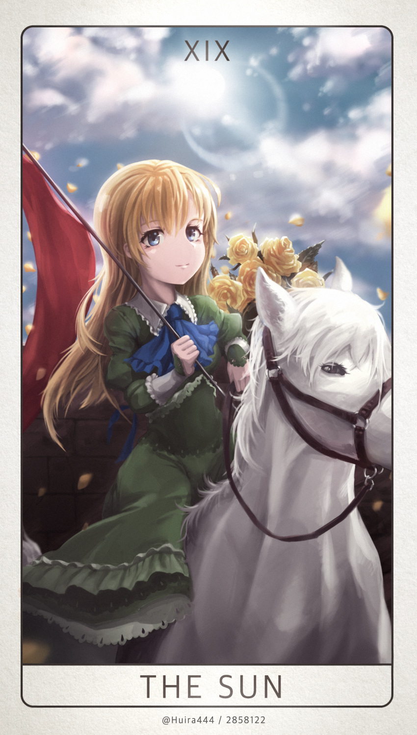 1girl absurdres blonde_hair blue_eyes closed_mouth clouds cloudy_sky day eyebrows_visible_through_hair flag highres holding_flag horse huira444 ib looking_at_viewer mary_(ib) outdoors pixiv_id sky smile solo twitter_username