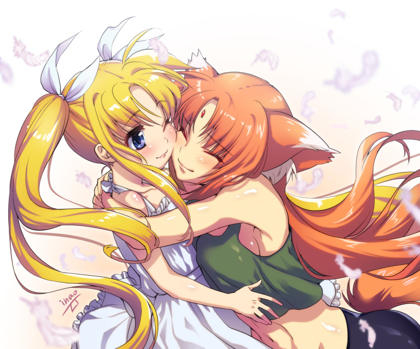 2girls animal_ears arf artist_name bangs black_shorts blonde_hair blue_eyes breasts cheek-to-cheek closed_eyes closed_mouth commentary_request dress eyebrows_visible_through_hair fate_testarossa feathers forehead_jewel frilled_dress frills from_side fundoshi_inao green_shirt hair_ribbon hug long_hair looking_at_another lyrical_nanoha medium_breasts medium_dress midriff multiple_girls navel one_eye_closed parted_bangs redhead ribbon shirt shorts sideboob signature smile standing sundress tail tank_top twintails upper_body white_background white_dress white_ribbon