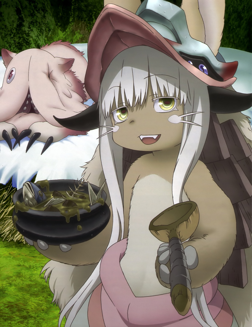 1girl :d absurdres animal_ears day ears_through_headwear eyebrows_visible_through_hair fangs fish_scales fur green_eyes hat highres holding horns long_hair made_in_abyss mitty_(made_in_abyss) multicolored multicolored_eyes nanachi_(made_in_abyss) official_art open_mouth outdoors paws pot smile spoon standing stew topless whiskers