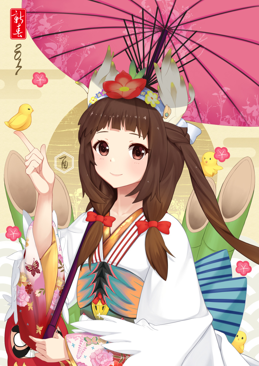 1girl 2017 absurdres blush bow brown_eyes brown_hair closed_mouth eyebrows flower hair_bow hair_flower hair_ornament highres holding holding_umbrella long_hair long_sleeves looking_at_viewer original parasol red_bow smile solo umbrella upper_body xian_yu_zhanshi